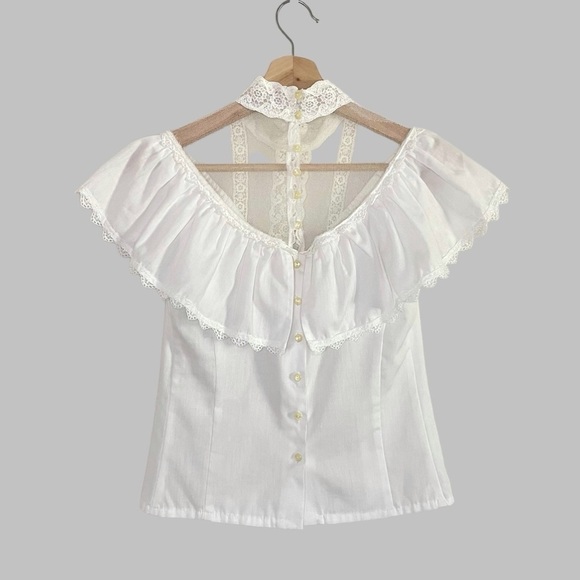 Gunne Sax 70s Vintage Victorian Lace Neck Ruffle Yoke Blouse White XXS - XS - Picture 2 of 13